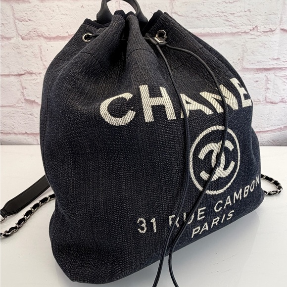Chanel Deauville Large Navy Denim Canvas Drawstring Backpack - Picture 2 of 15